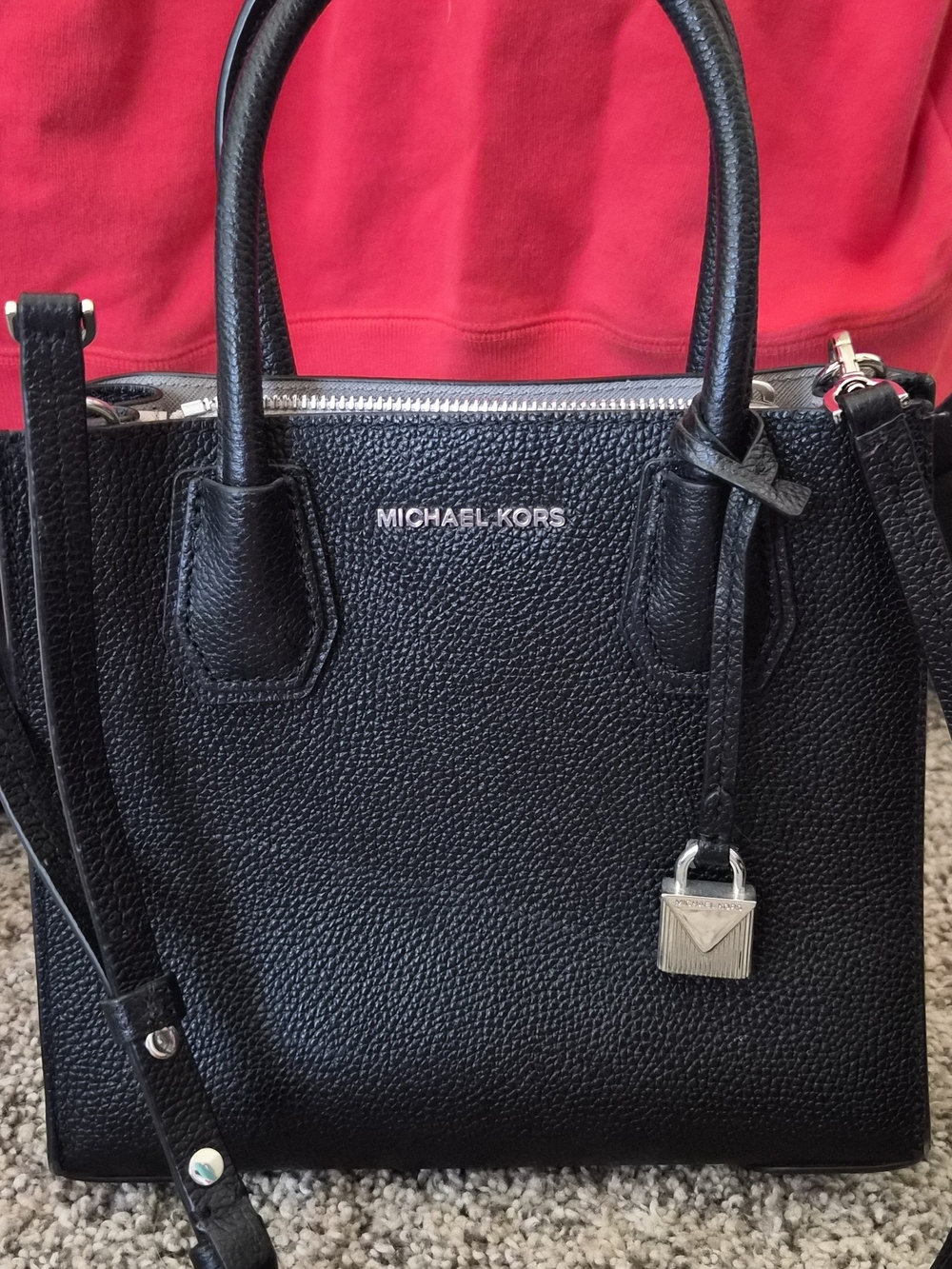 Michael Kors Mercer Small Black Pebbled Leather Satchel Crossbody Purse Silver